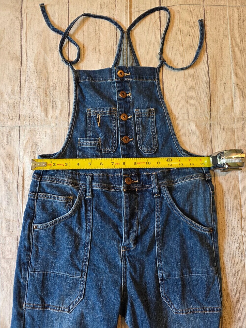 Miou Muse Size Medium Form Fitting Denim Overalls Button Front Bib Medium Wash - Picture 13 of 14
